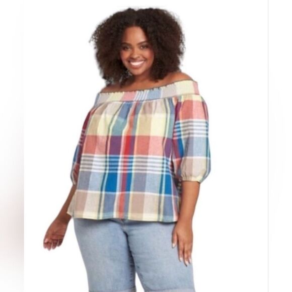 🔺️Lane Bryant Colorful Plaid Linen Blend Off-Shoulder Top Size 14-16 - Picture 1 of 13